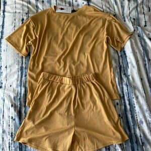 Mustard Yellow Ribbed Short Sleeve Top and Shorts Set